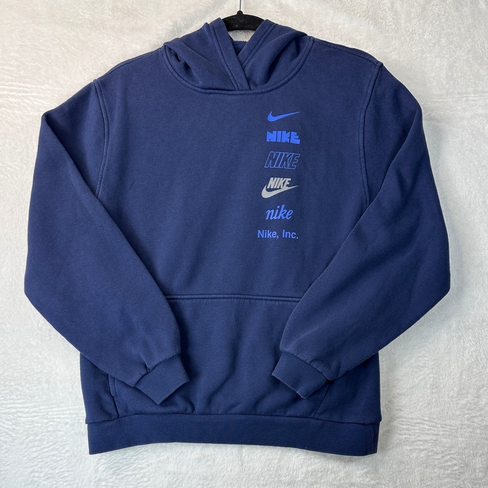 Nike Hoodie Boys XL Navy Blue Stacked Logo Pullover Sweatshirt